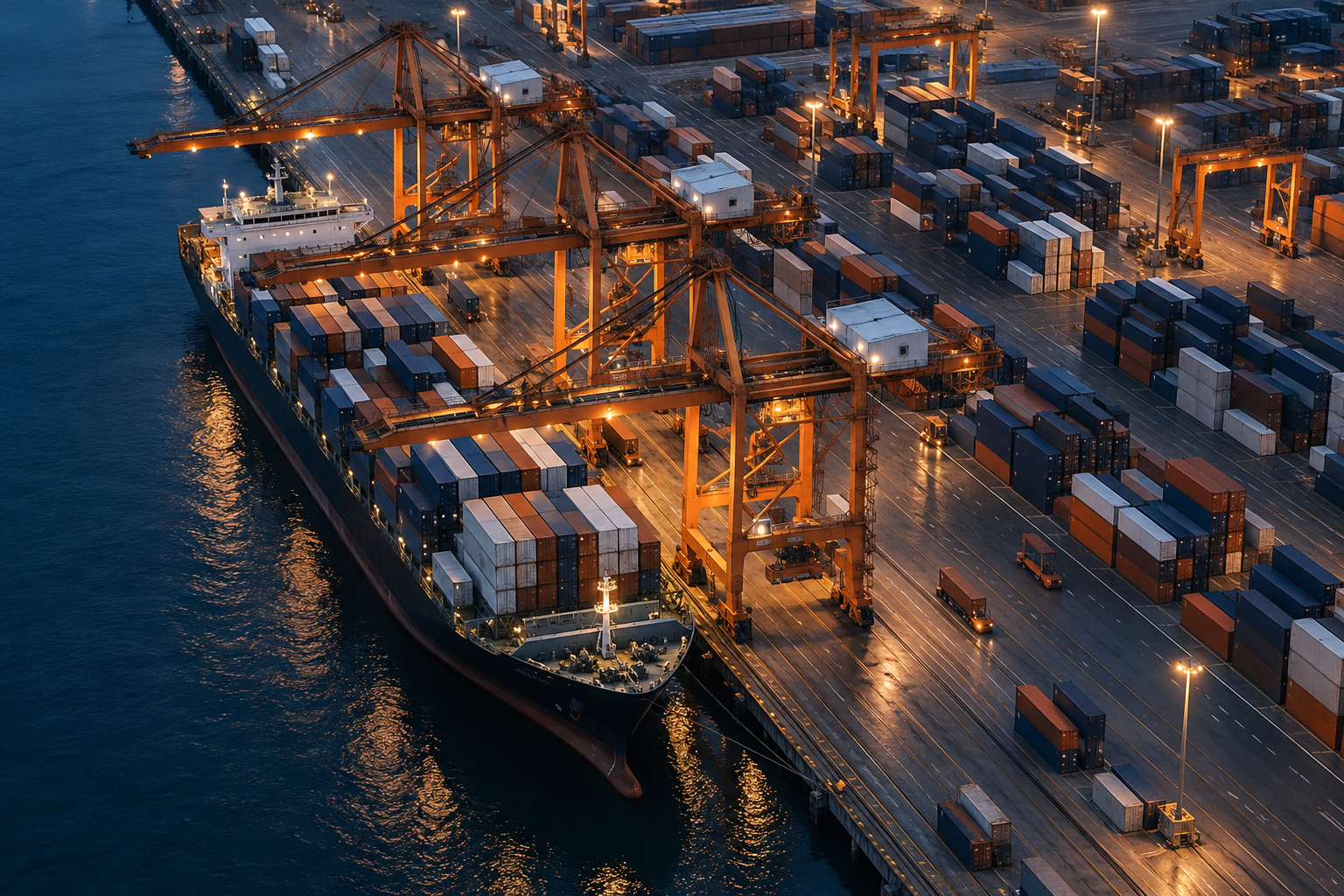 Container cranes and an ordered shipping terminal at blue hour